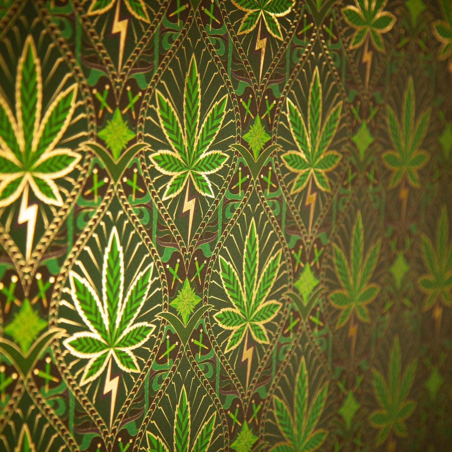 High Style Royal Highness is a gothic revival inspired cannabis marijuana grass weed themed repeat pattern wallpaper featuring joints, buds, cannabis leaves, smoke motif, in metallic greens, all outlined in gold and digitally printed on gold mylar