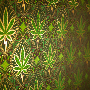 High Style Royal Highness is a gothic revival inspired cannabis marijuana grass weed themed repeat pattern wallpaper featuring joints, buds, cannabis leaves, smoke motif, in metallic greens, all outlined in gold and digitally printed on gold mylar