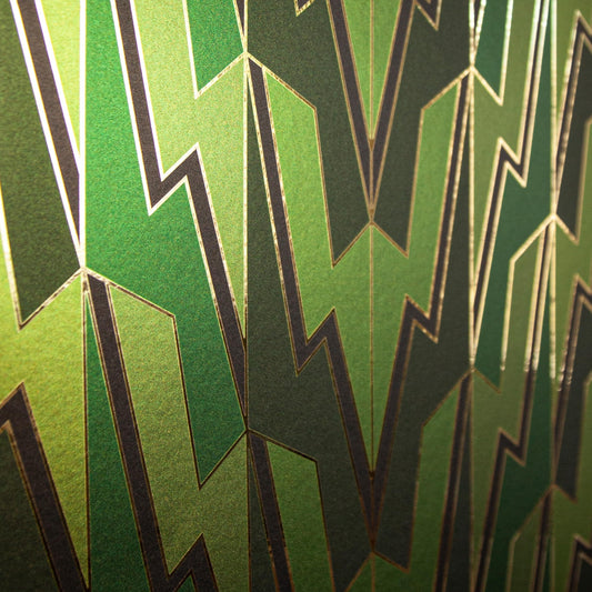 Greased Lightening Summer Storm is an art deco inspired gothamesque geometric repeat pattern showcasing the lightning bolt, in various greens, outlined in gold and printed on gold mylar
