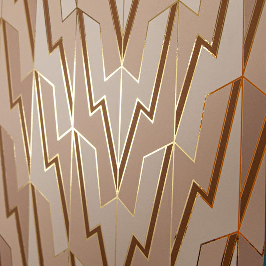 Greased Lightening Cream Dreams is a repeat art deco inspired gothamesque geometric pattern showcasing the lightning bolt, in neutral warm whites, beiges, and tans, outlined in gold and printed on gold mylar