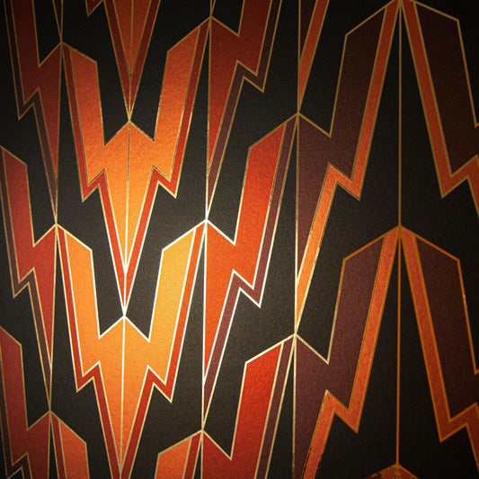 Greased Lightening Power of Love is an art deco inspired gothamesque geometric repeat pattern showcasing the lightning bolt, in black, reds, pinks, outlined in gold and printed on gold mylar