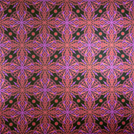 ChaCha Chill is a 1920s art deco inspired shimmering repeat geometric pattern composed of stars, diamonds, triangles, and other shapes in 70s retro pinks, reds, oranges, burgundy, on a black background and digitally printed on silver mylar.