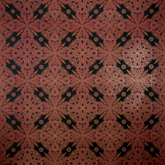 Angled view of Cha Cha 'Vibe' wallcovering, highlighting its intricate copper and gold geometric design.