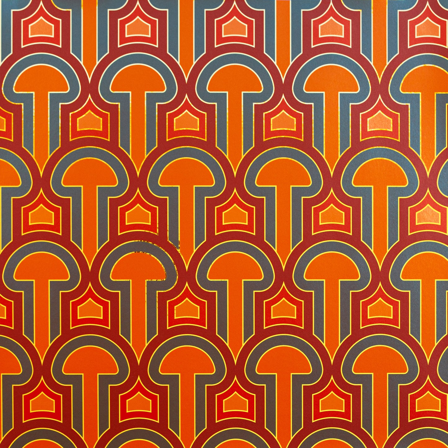 Enlightenment Panaeolus is a shimmering repeat geometric pattern featuring mushrooms and the portals of discovery they inspire, in orange, red, pink, blue, colors inspired by David Bowie's Aladdin Sane album cover, all outlined in gold and printed on gold mylar