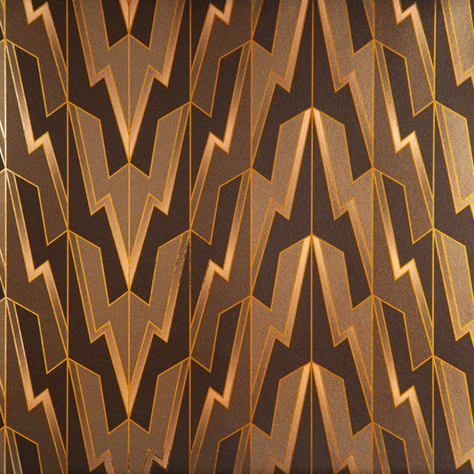 A detailed shot of Greased Lightning 'Power Of Love' wallpaper in brown and metallic gold.