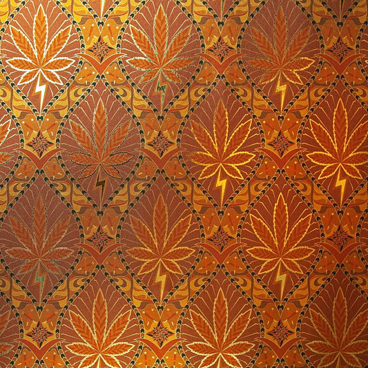 High Style High Class is a gothic revival inspired cannabis marijuana grass weed themed repeat pattern wallpaper featuring joints, buds, cannabis leaves, smoke motif, in metallic browns, coppers and oranges, all outlined in gold and digitally printed on gold mylar