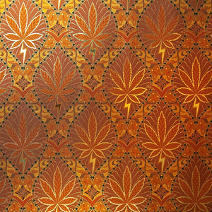 High Style High Class is a gothic revival inspired cannabis marijuana grass weed themed repeat pattern wallpaper featuring joints, buds, cannabis leaves, smoke motif, in metallic browns, coppers and oranges, all outlined in gold and digitally printed on gold mylar