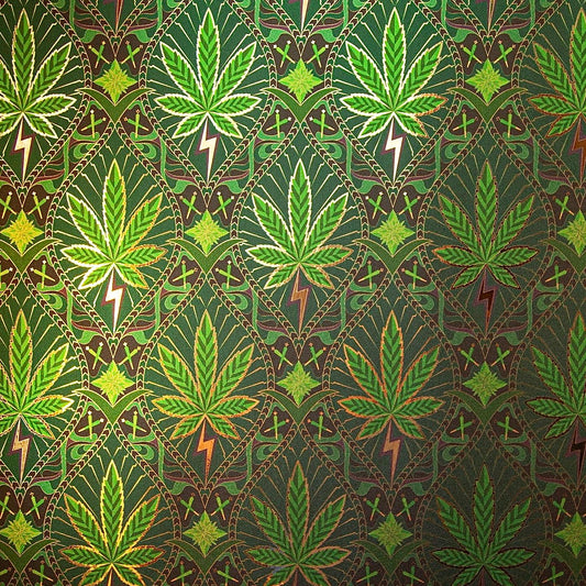 Flat lay of High Style 'Royal Highness' wallcovering with ornate green cannabis leaves and gold details.