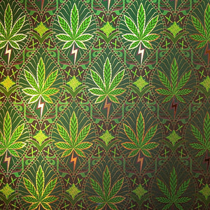 High Style Royal Highness is a gothic revival inspired cannabis marijuana grass weed themed repeat pattern wallpaper featuring joints, buds, cannabis leaves, smoke motif, in metallic greens, all outlined in gold and digitally printed on gold mylar