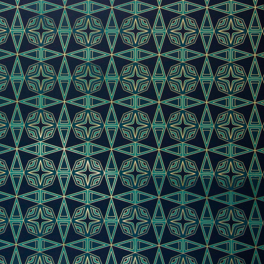 A flat-lay detail of Integratronic 'Plush' Wallcovering's geometric pattern in gold and teal.