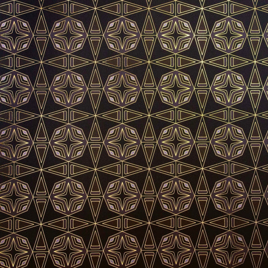 Integratronic Night is a mid-century retro repeat geometric pattern featuring dark green and gray motifs on a black background all outlined in gold and digitally printed on gold mylar