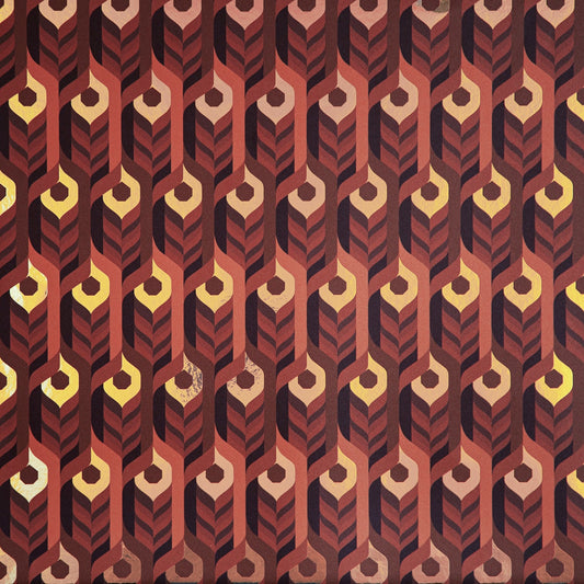 Neowise Radical is a maximalist retro repeat pattern wallpaper inspired by a comet that flew over Newgrange in Ireland and looks like a feather motif but is inspired by grain, and is 70s browns oranges, and gold, and printed on gold mylar