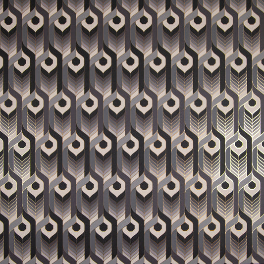 Neowise Classical is a repeat pattern wallpaper inspired by Neowise, a comet that flew over Newgrange in Ireland. Neowise Classical looks like a feather motif but is inspired by grain, and is black, an ombre of gray tones, white, outlined in gold, and printed on gold mylar