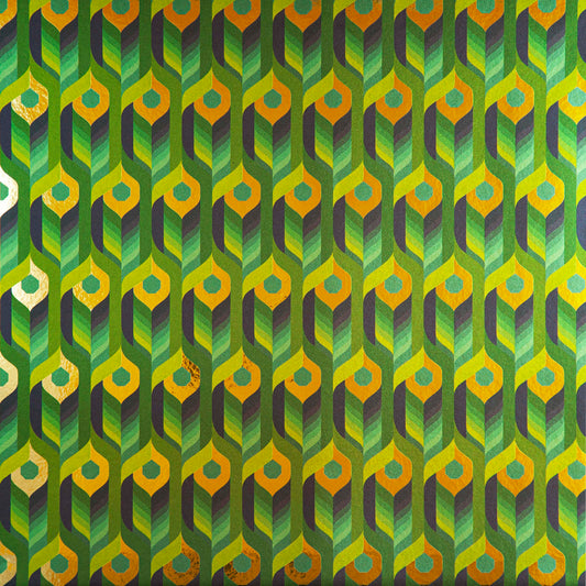 A close-up of Neowise 'Tropical' Wallcovering, a flowing geometric pattern in green, gold, and purple.