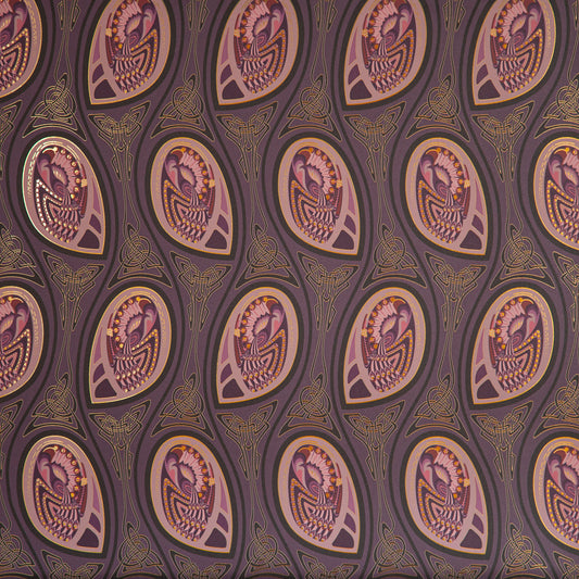 Peacock Nouveau Aubergine is a Celtic and Art Nouveau inspired maximalist repeat pattern wallpaper featuring peacocks and Celtic knot work in pinks, purples, all outlined in gold and digitally printed on gold mylar