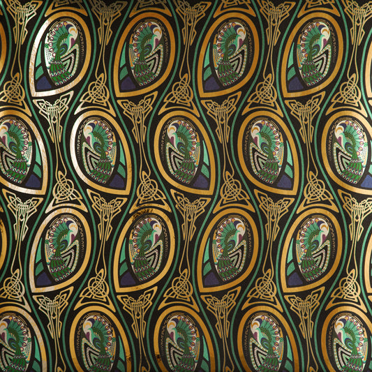 Peacock Nouveau Bejeweled is a Celtic and Art Nouveau inspired maximalist repeat pattern wallpaper featuring peacocks and Celtic knot work in gold, jewel tones, blues, greens, on a black background, outlined in gold and digitally printed on gold mylar