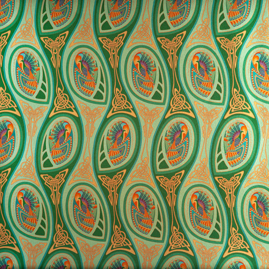 Peacock Nouveau Green Garden is a shimmering Celtic and Art Nouveau inspired maximalist repeat pattern wallpaper featuring peacocks and Celtic knot work in various greens, orange, blue, yellow, blues, purple, on a light green background, digitally printed on silver mylar