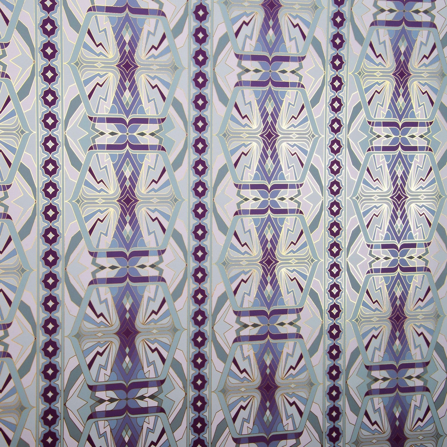 Close-up detail of Sampa 'Orchid' Wallcovering in shades of purple, blue, and metallic gold.