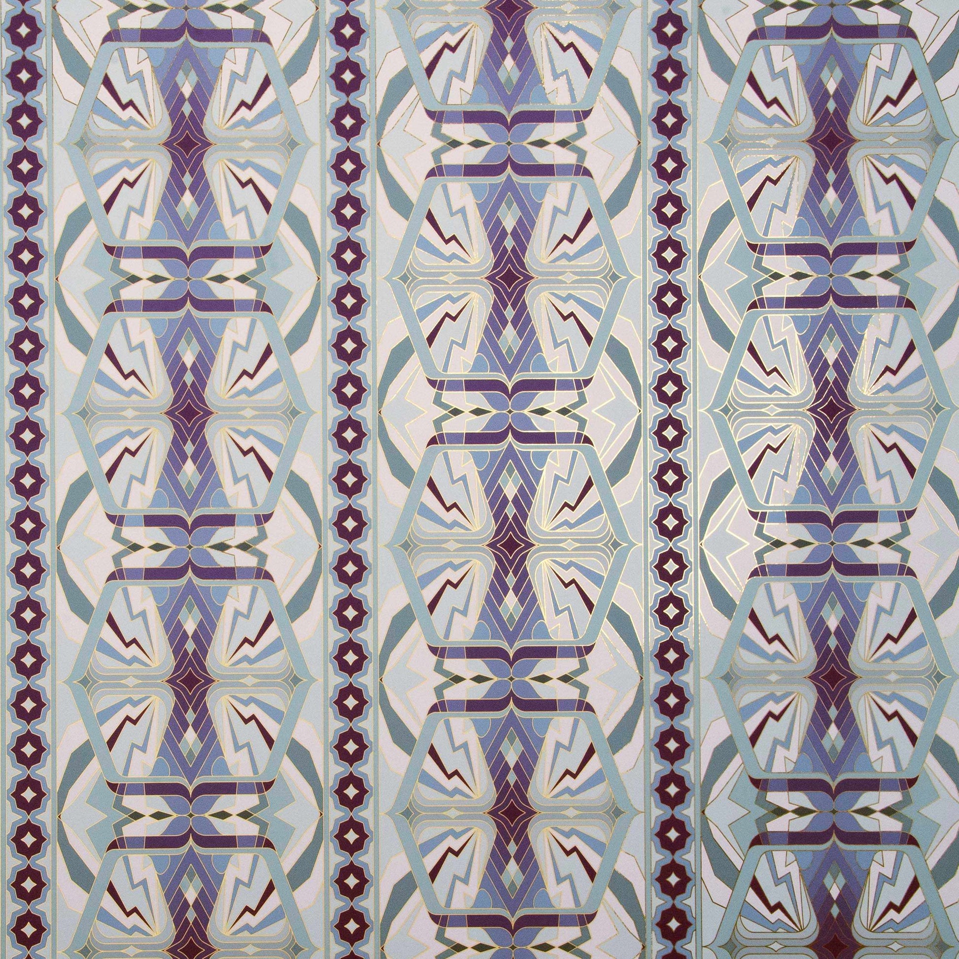Sampa Orchid is a riff of a classical vintage repeat linear geometric pattern wallpaper in light purples, light greens, and whites, with all shapes outlined in gold