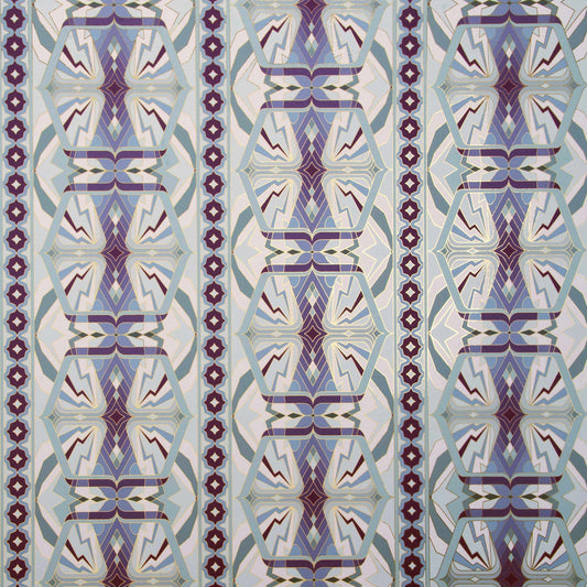 Sampa Orchid is a riff of a classical vintage repeat linear geometric pattern wallpaper in light purples, light greens, and whites, with all shapes outlined in gold