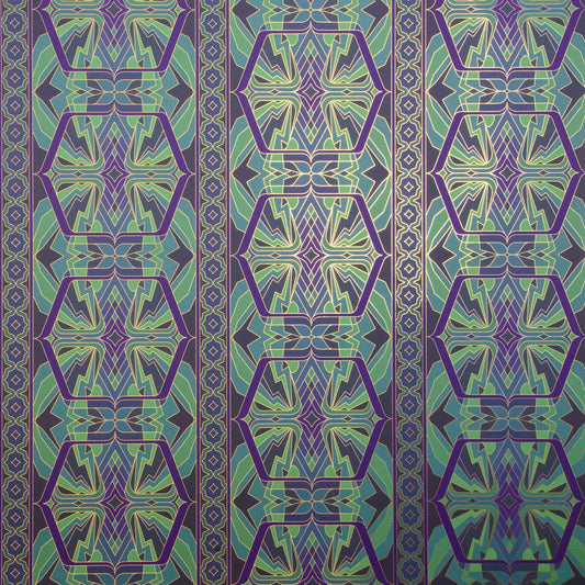 Sampa Undersea is a riff of a classical vintage repeat linear geometric pattern wallpaper in earth tones, blues and greens, with all shapes outlined in gold digitally printed on gold mylar