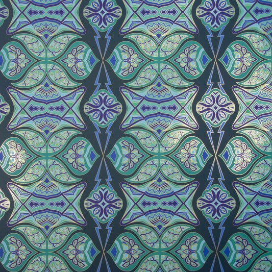 Ulu Canopy is a graphic repeat pattern featuring various organic motifs geometrically woven together in various greens and blues outlined in gold, digitally printed on gold mylar