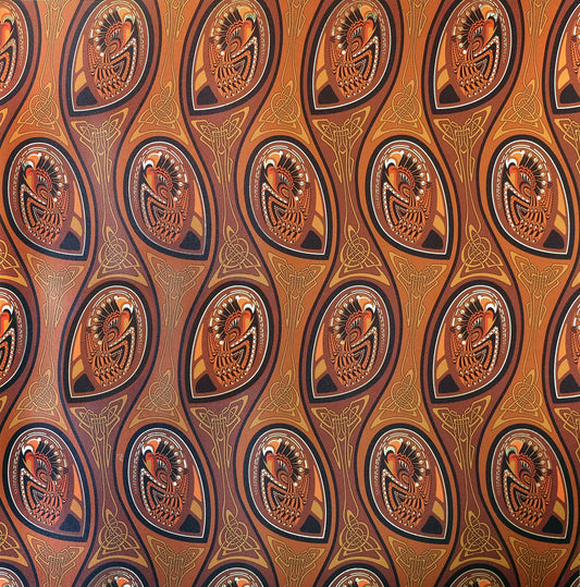 Peacock Nouveau Jackie Brown is a shimmering Celtic and Art Nouveau inspired maximalist repeat pattern wallpaper featuring peacocks and Celtic knot work in 70s retro browns, golds, and oranges, digitally printed on gold mylar