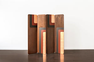 Four panel screen room divider backdrop art in vintage 70's style with stained walnut, acrylic black and brown paint, and copper leaf.