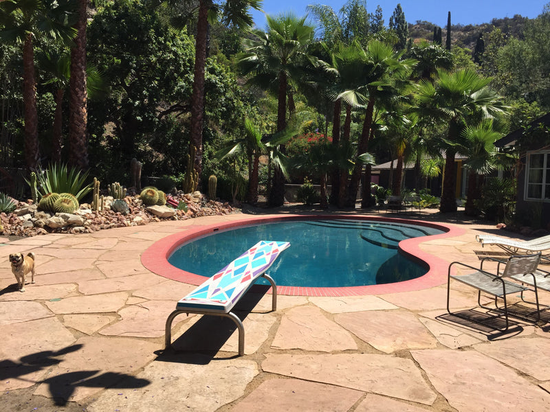 A kidney-shaped pool with a colorful custom-painted diving board in a lush setting.