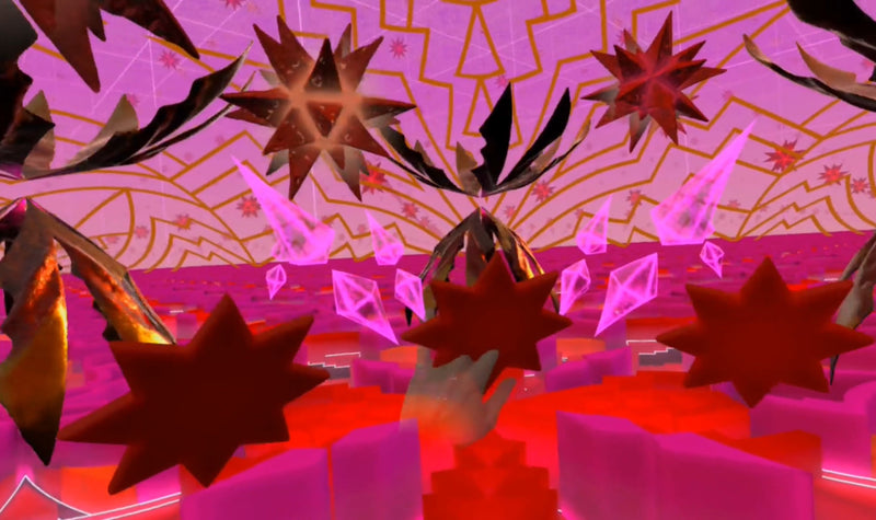 A psychedelic digital landscape of floating stars and pink crystals in an abstract geometric world.