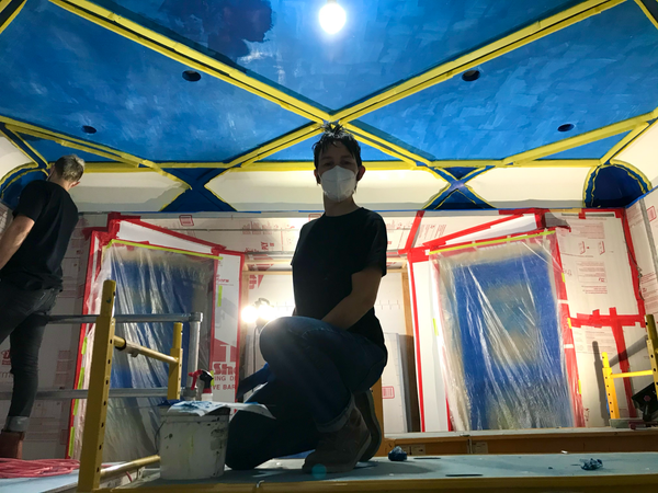 Londubh installing the custom blue Italian plaster prior to polishing.