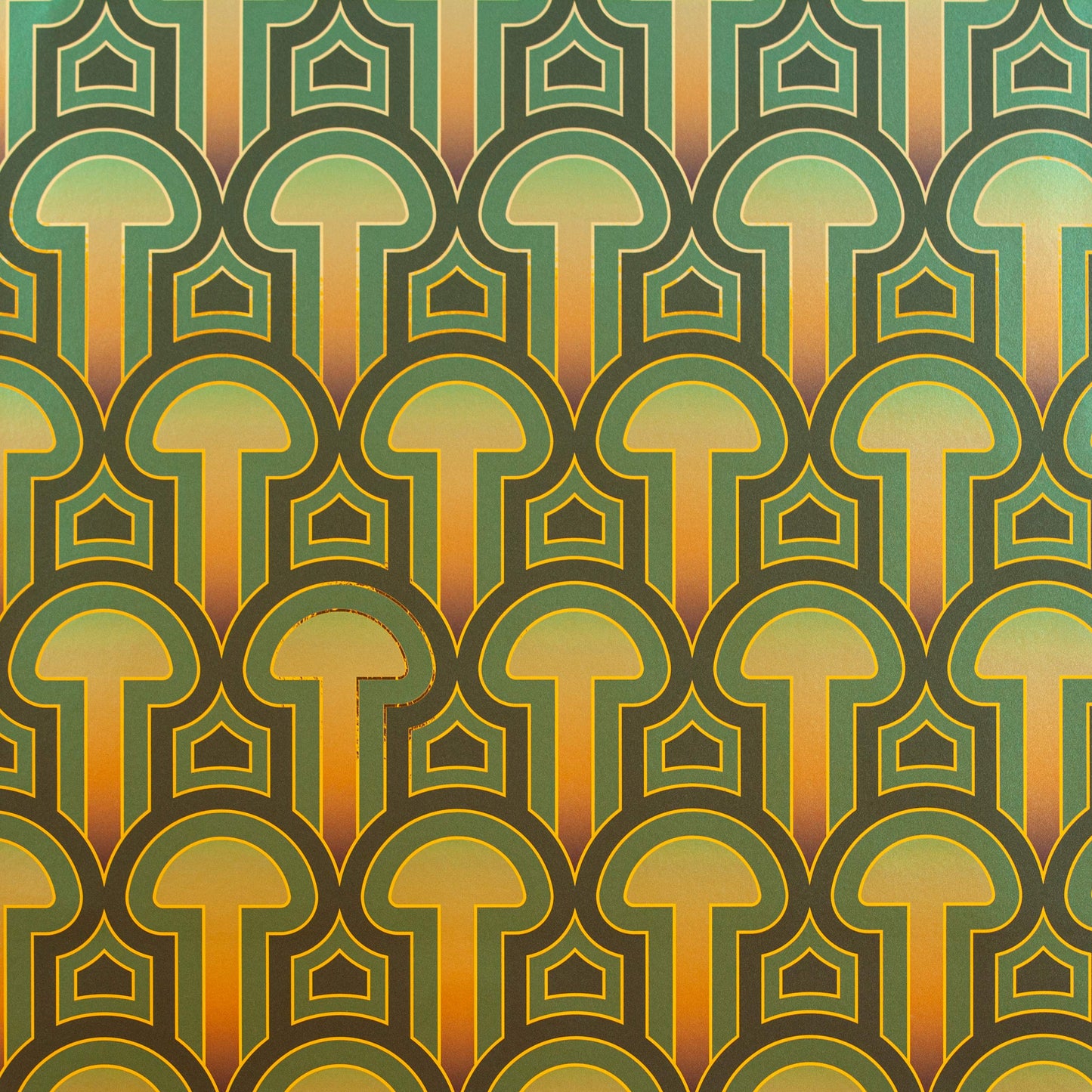 Enlightenment 'Psilocybe' Wallcovering with its repeating psychedelic mushroom pattern in green and gold.