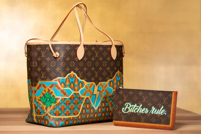 Custom painted and gilded Louis Vuitton Neverfull bag by Londubh Studio for interior designer Nicole Hollis featuring 24-karat gold leaf and bespoke hand-painted detailing that merges couture craft with fine art