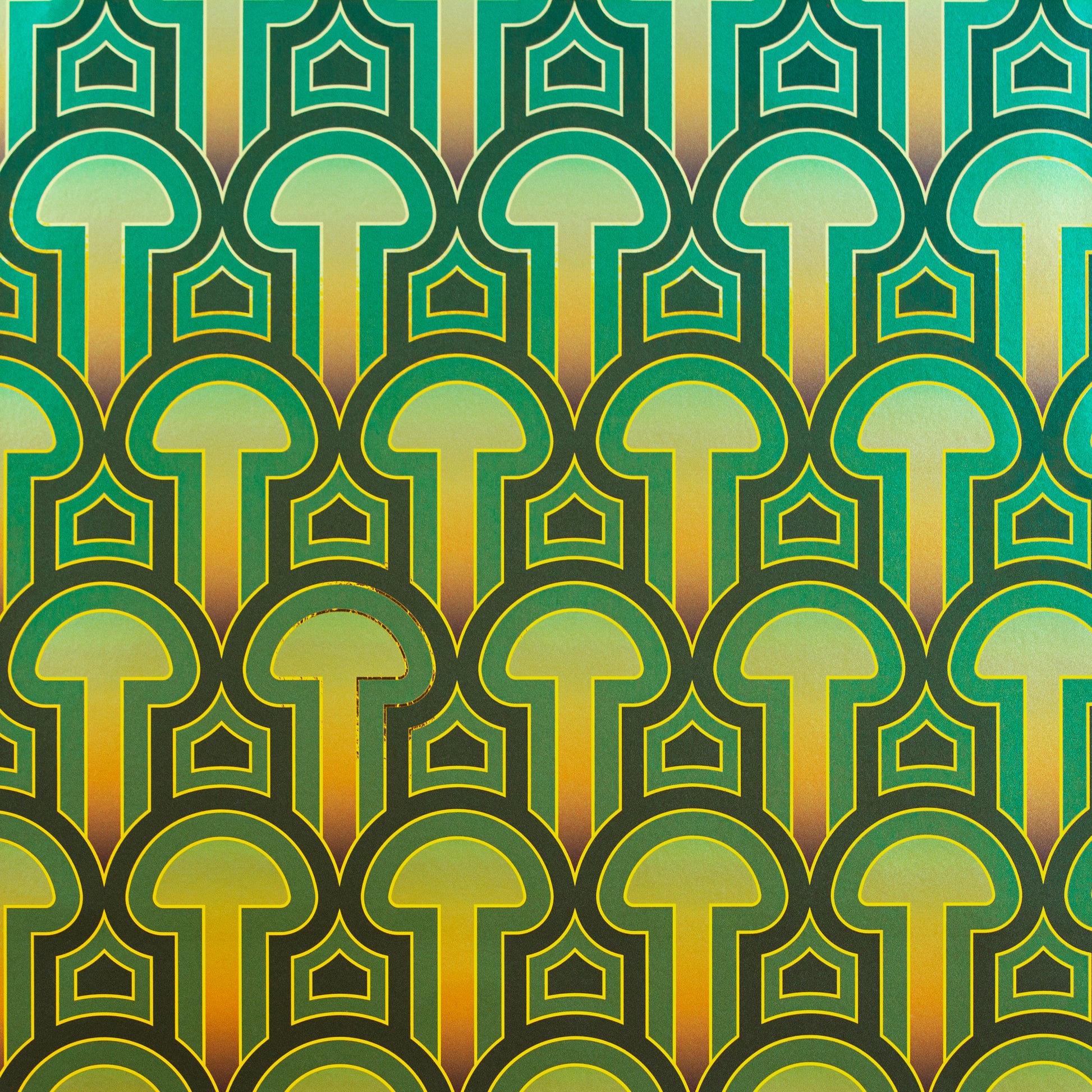 A close-up of the psychedelic Enlightenment 'Psilocybe' Wallcovering in greens and gold.