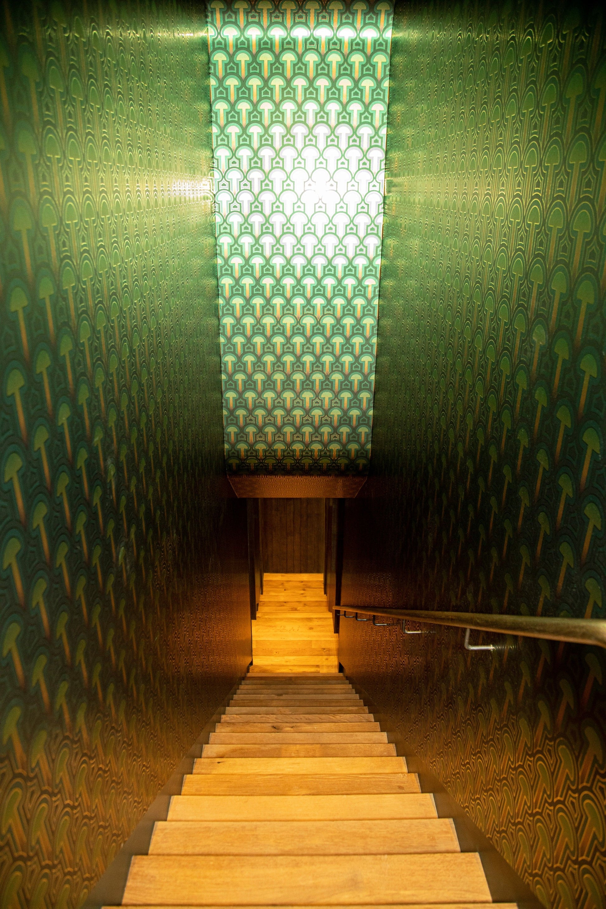 A staircase hallway with walls and ceiling covered in Enlightenment 'Psilocybe' Wallcovering.