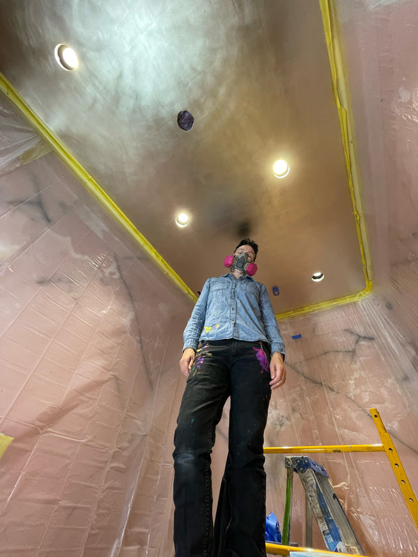 Freshly finished 22-carat rose gold leaf ceiling.