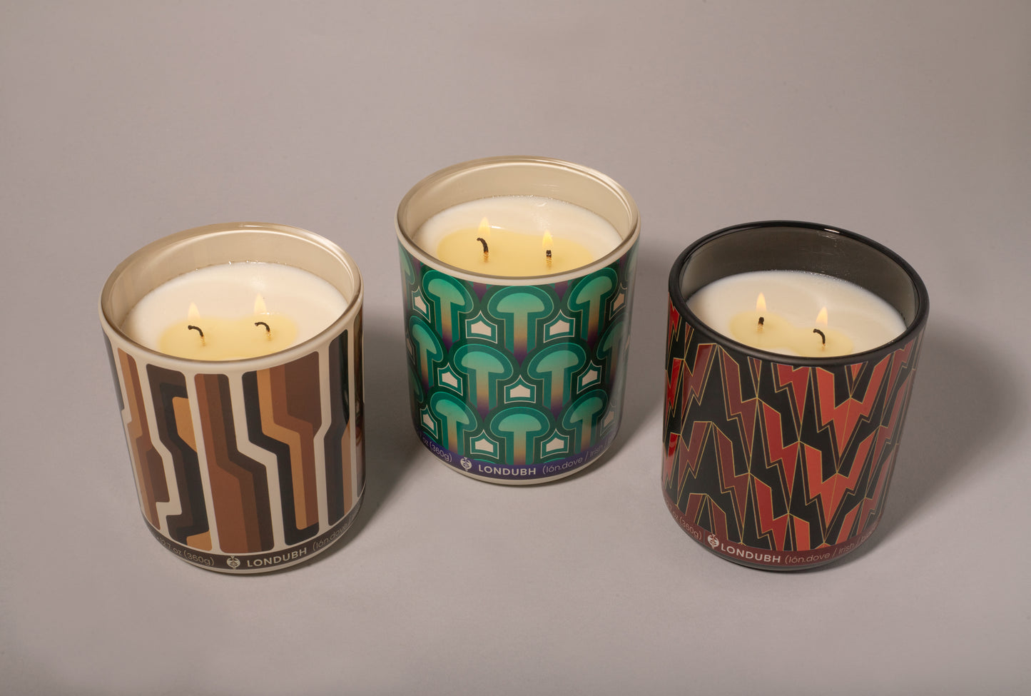 The Londubh Candle Set, including the Disco Biscuit, Enlightenment, and Greased Lightning candles.