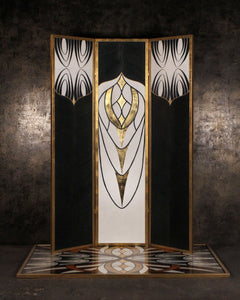  Custom Textured & Inlaid Polished Plaster with Gold Leaf Details Framed in Gilded Steel in art deco style on three panel paravent screen room divider backdrop.