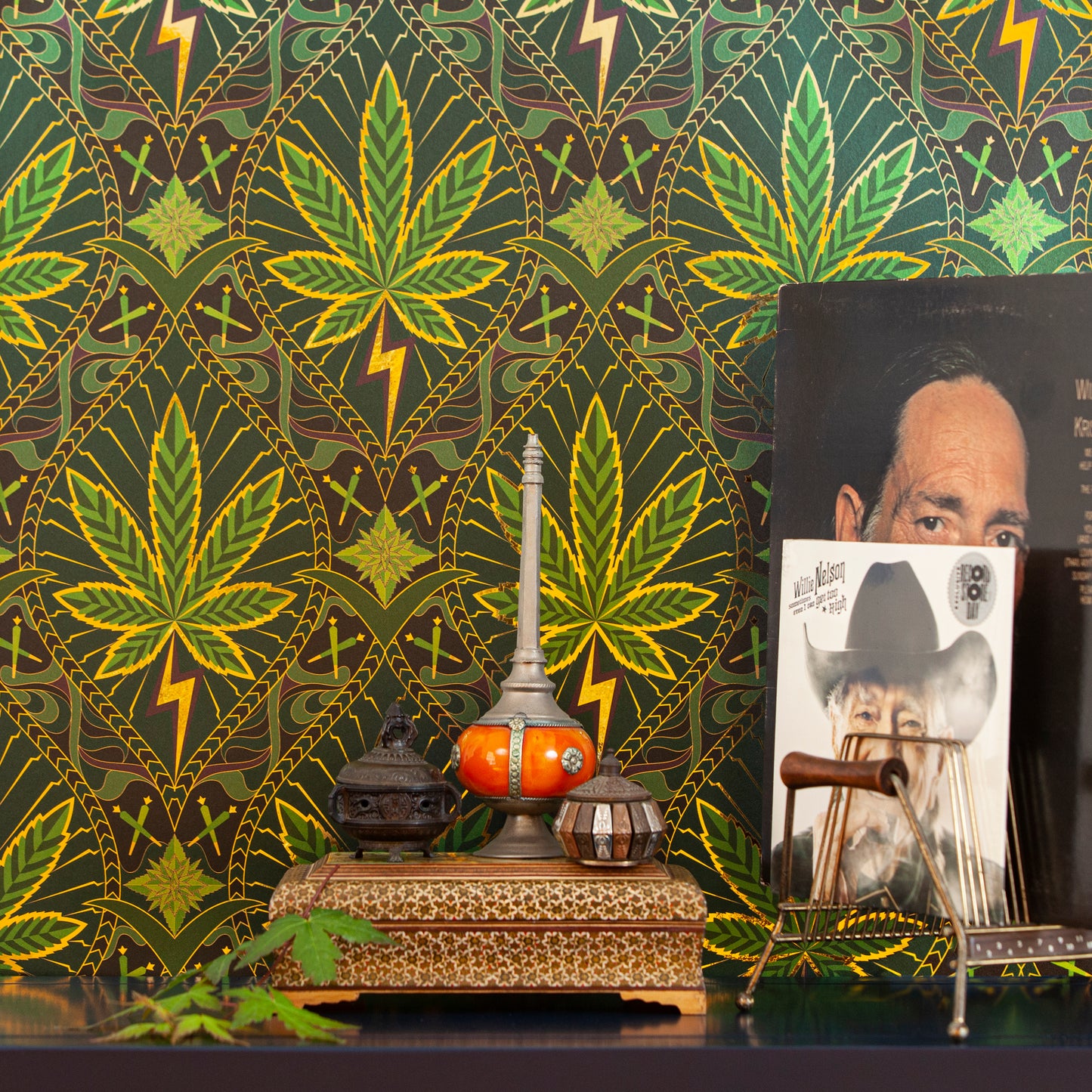High Style 'High Baller' wallcovering styled with vintage record albums and curios.
