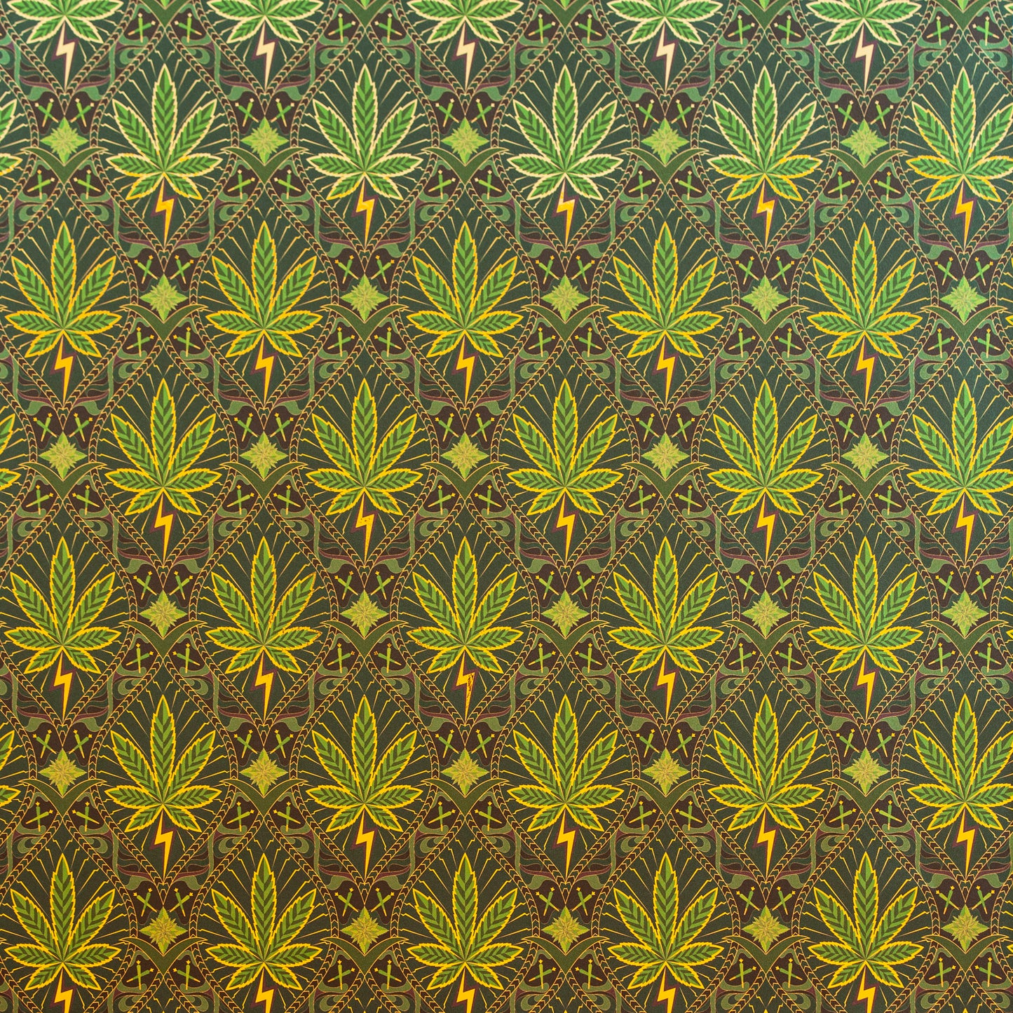 The full geometric repeat of High Style 'High Baller' wallcovering's cannabis leaf motif.