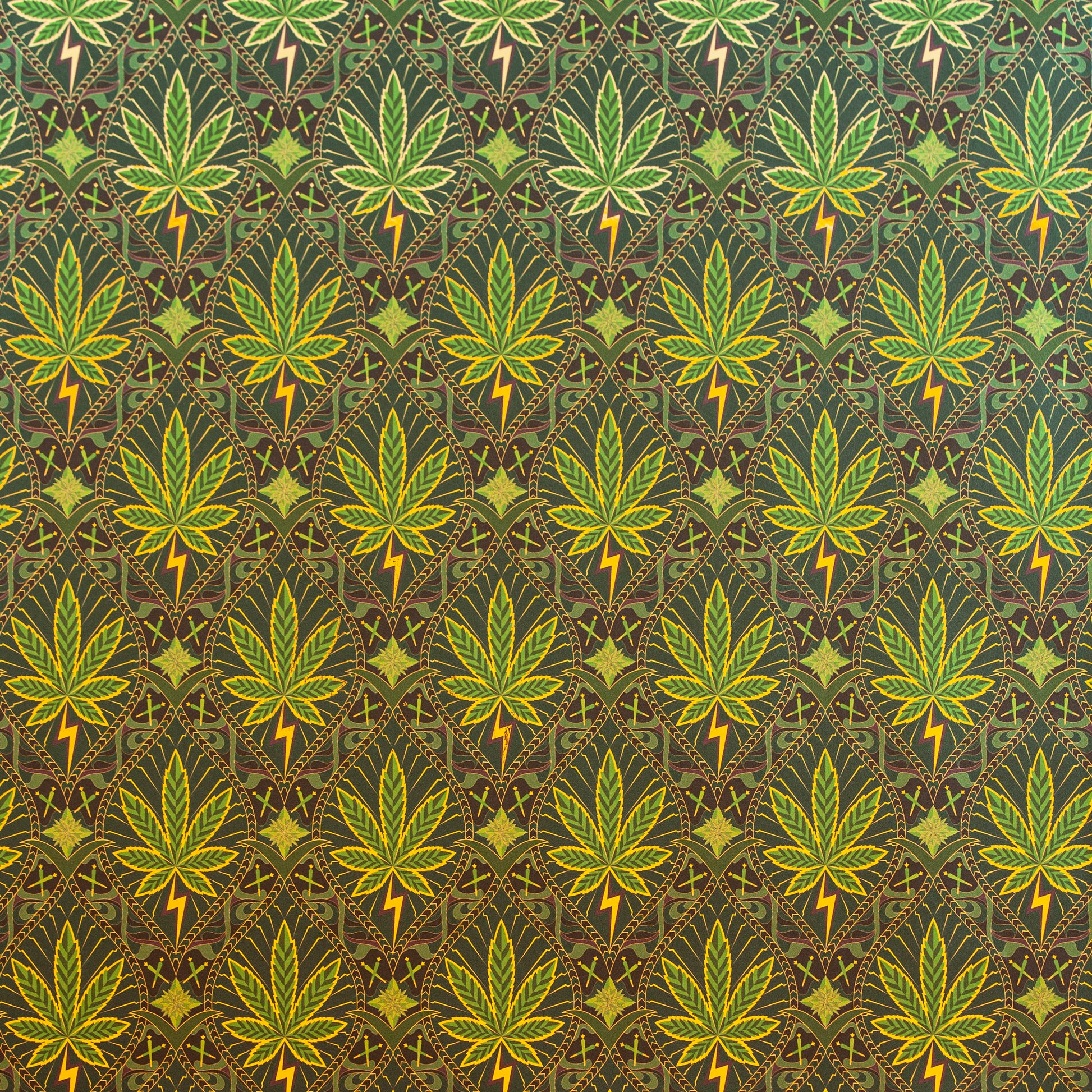 The full geometric repeat of High Style 'High Baller' wallcovering's cannabis leaf motif.