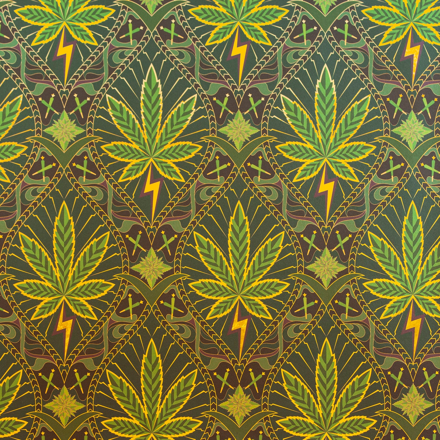 A flat swatch of High Style 'High Baller' wallcovering's bold cannabis leaf pattern.