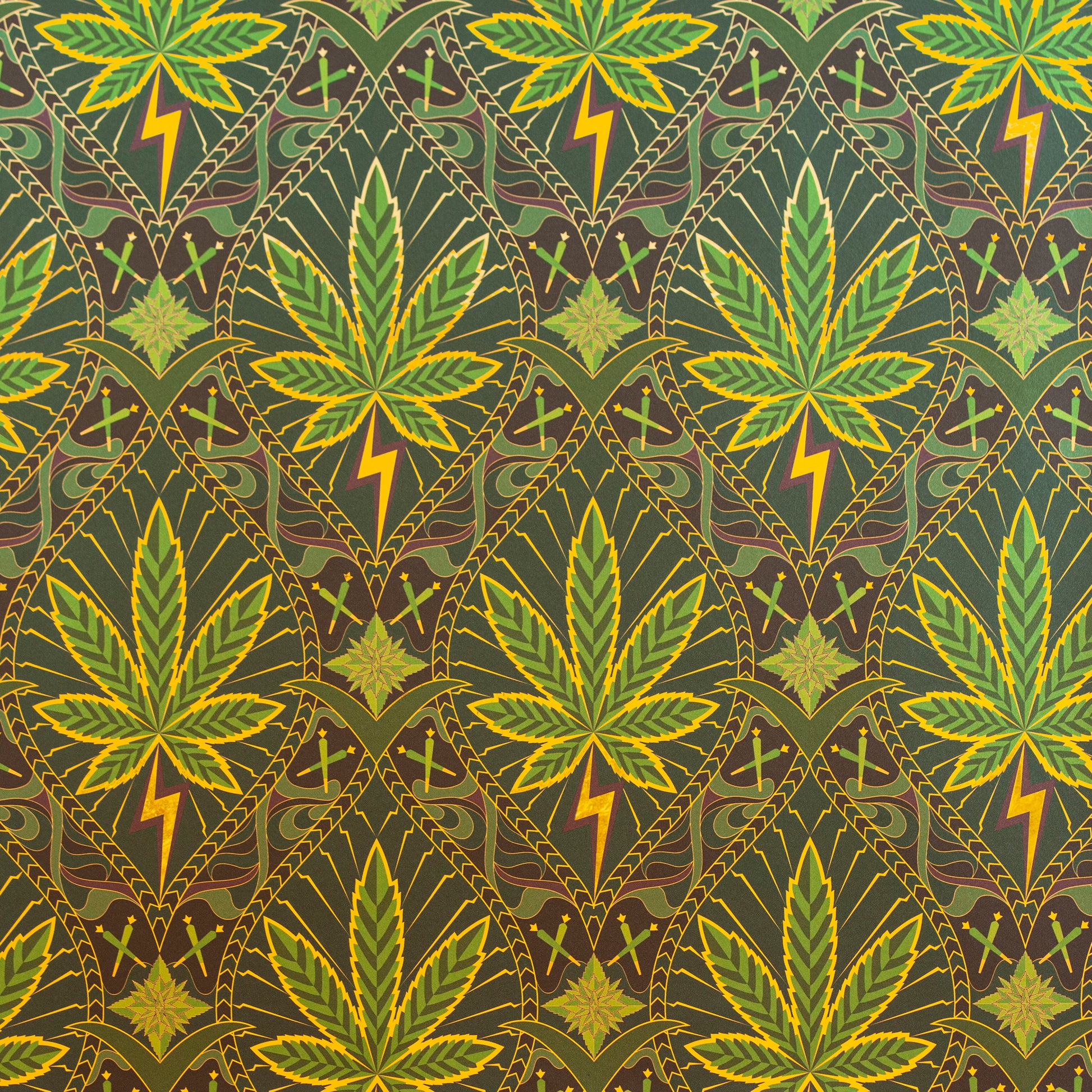 A flat swatch of High Style 'High Baller' wallcovering's bold cannabis leaf pattern.