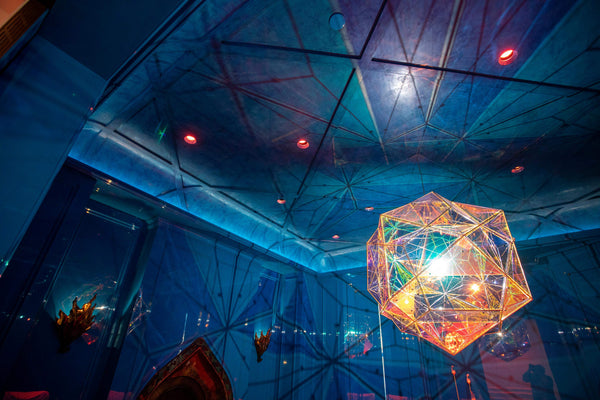 The finished ceiling and high gloss walls, illuminated by Olafur Eliasson's chandelier.