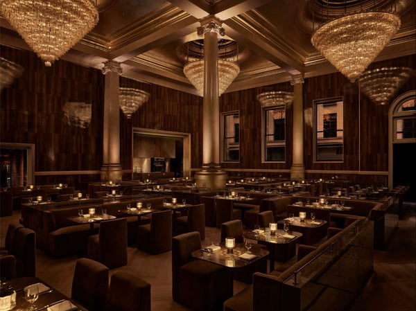 A wide view of the completed RH London Dining Room.