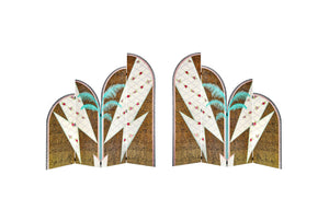 Two custom painted and gold leafed four panel paravent screens facing each other. Finished in gold leafed leopard pattern motif with tinted silver leaf flowers, and hand painted palm tree splitting center panels. Two large lightning bolts split the two left and two right panels.
