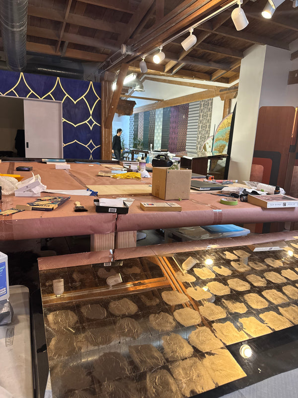 Reverse gilding on acrylic in Londubh's Arts District studio, Los Angeles, CA.