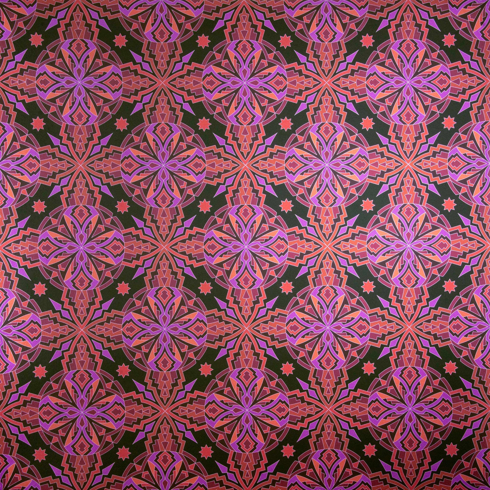 ChaCha Chill is a 1920s art deco inspired shimmering repeat geometric pattern composed of stars, diamonds, triangles, and other shapes in 70s retro pinks, reds, oranges, burgundy, on a black background and digitally printed on silver mylar.