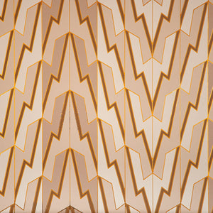 Greased Lightening Cream Dreams is a repeat art deco inspired gothamesque geometric pattern showcasing the lightning bolt, in neutral warm whites, beiges, and tans, outlined in gold and printed on gold mylar