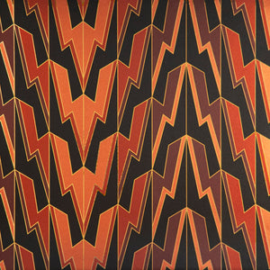 Greased Lightening Power of Love is an art deco inspired gothamesque geometric repeat pattern showcasing the lightning bolt, in black, reds, pinks, outlined in gold and printed on gold mylar